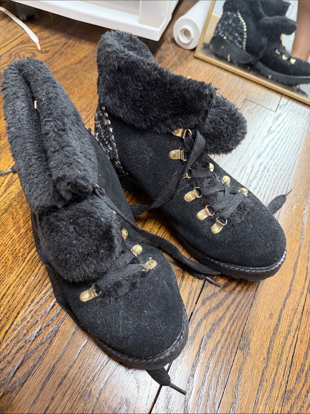 Jack Rogers Black Faux Fur Lace-Up Winter Boots with Gold Hardware